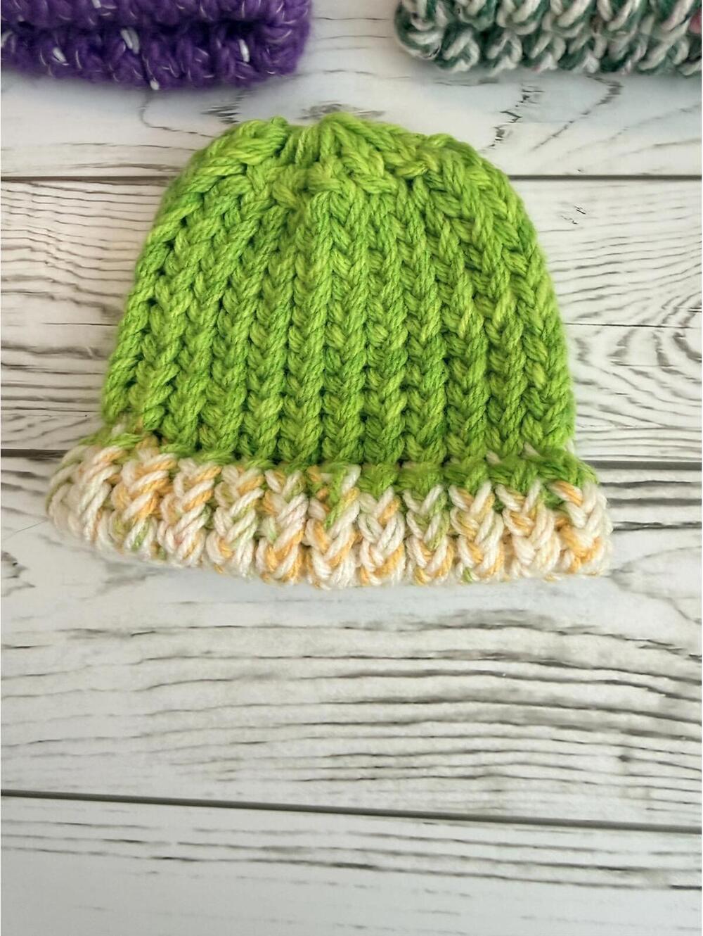 Hand Knit Baby Beanie Hats Lot of 3 Purple Green Multicolor Winter Infant - Picture 4 of 11